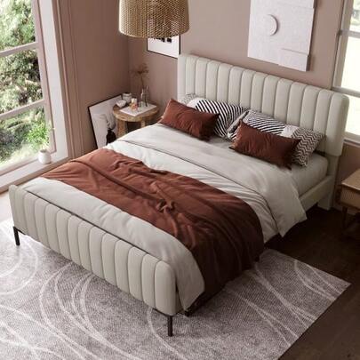 Polsterbett Doppelbett 180 X 200 Cm, Bettgestell Mit Lattenrost Und Verstellbares Kopfteil, Gepolstertes Bett In Grau-Beige, Leinenmaterial.