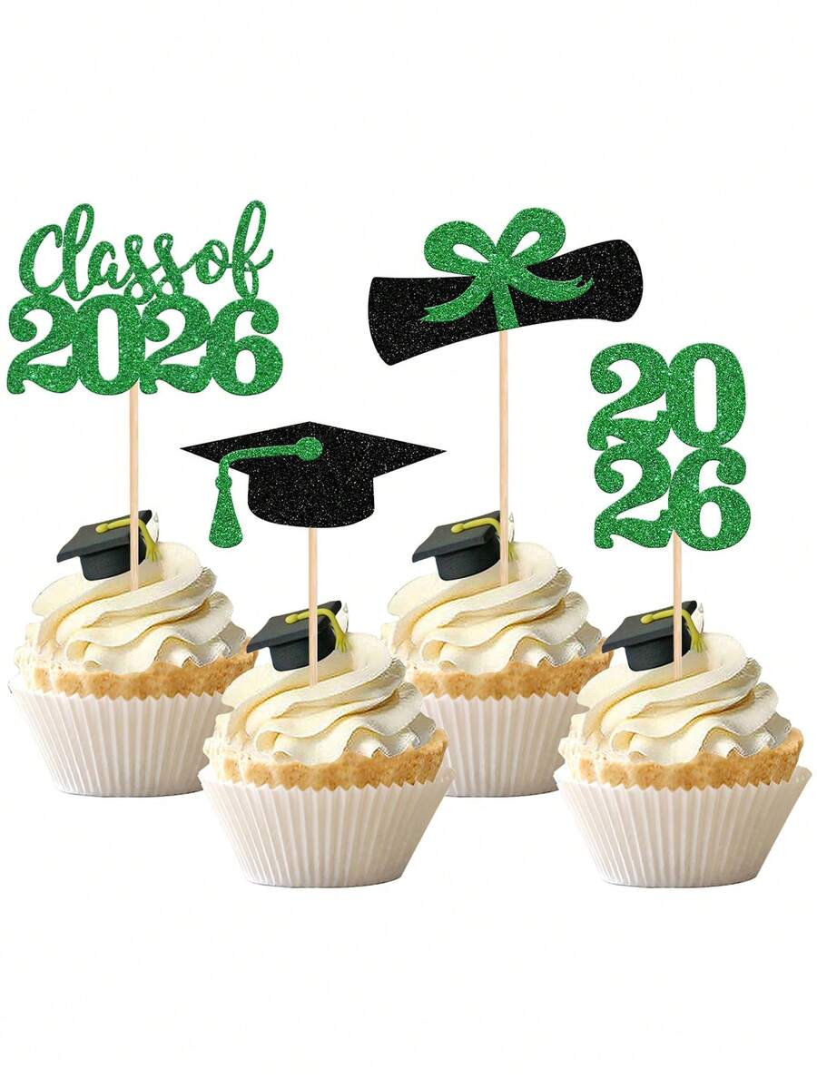 24pcs/12pcs 2026 Graduation Cupcake Toppers, Shiny 2026 Graduation Cap Mini Food, 2026 Graduation Party Mini Cake Decorations, Diploma, 2026 Graduation Cap Set, Party Decorations. Graduation Theme Party, 2026 Graduation Theme Cupcake Party (Dark Green) - Green - View 1