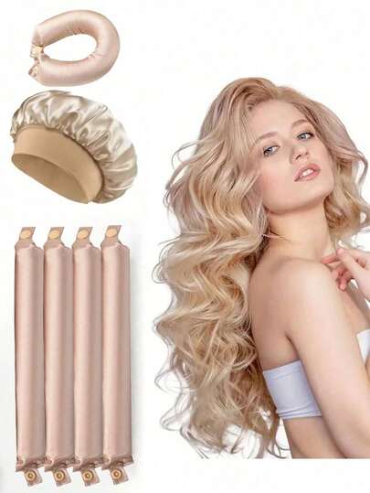 5pcs Set Champagne Color No-Heat Curling Wand Kit, Slouchy Hair Curler, Silk Hair Rollers, Elastic Sleep Headband, Soft Curling Tools Suitable For Long Hair, Manual Home Styling Accessories, Sleep Curling Device, Ideal Gift For Valentine's Day, Qixi Festival, Perfect For Women