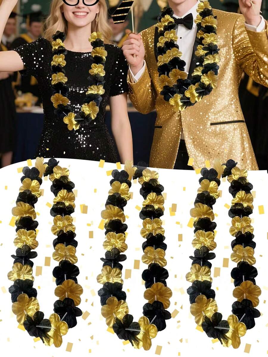 2pcs Halloween Black & Gold Party Garland Birthday Photo Prop Set, Black & Gold Floral Hawaiian Garland Necklace, Fun Selfie Accessory To Capture Unforgettable Moments - Suitable For Birthday, Wedding, Halloween Costume Party Decoration, Neck Garland - Ideal Choice For Bachelorette Party Events - Multiple Styles - View 1
