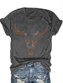 Bullhead Pattern T-Shirt - A Cutting-Edge Choice For Festival Enthusiasts And Bohemian Style Lovers - Fashionable Cowgirl Vibe - Soft Pure Cotton Material New Casual T-Shirts For Men And Women - 灰色 - 查看 2