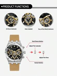 1件 Guess Continental 多功能三眼表盘男士腕表，棕色/黑色/卡其色皮革表带 - GW0262G1 - 銀色 - 查看 8