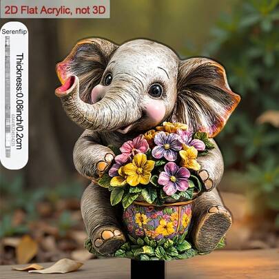 1 biển hiệu sân vườn phẳng 2D bằng acrylic hình voi cầm chậu hoa, thích hợp để làm đẹp sân vườn, món quà trang trí ngoài trời ý nghĩa, thiết kế phẳng 2D.