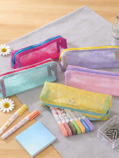 1 pieza Estuche de lápices de malla multicolor, estilo fresco, diseño de malla para un almacenamiento fácil de bolígrafos y artículos de papelería, conveniente para organizar útiles escolares y de oficina