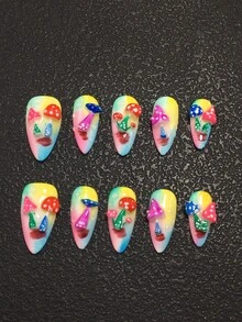 10 Piece 2.5-Centimeter Handmade Almond Shaped Wearable Nail Set, Paired With Rhinestones And Colorful Mushroom Decorations, Suitable For Women And Girls, Valentine's Day, Parties, Festivals, And Daily Wear. Nail Accessories, Acrylic Nail Sets, Hand Pressed Nail Art, Fake Nail Stickers, And Nail Products. - Multicolor - View 2