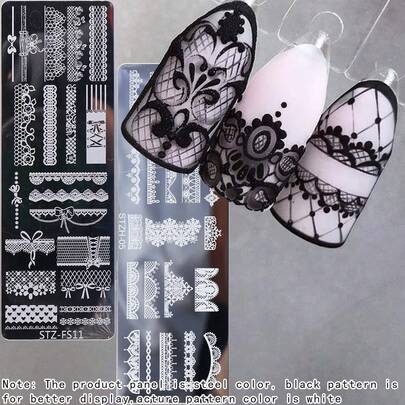 2PCS Set Of Elegant Lace Nail Printing Templates, Lace Bow Flower Pattern Nail Hot Stamping Plates, DIY Nail Salon Accessories, Nail Stamping Plates, Nail Tools