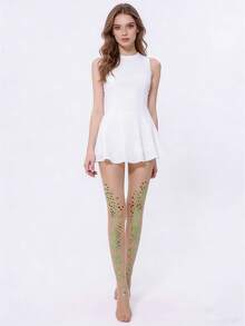 女士闪亮水晶渐变菱形图案透明连裤袜，适合派对穿着 - 杏色 - 查看 7