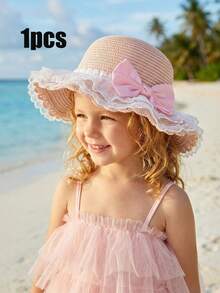 1 pieza Sombrero de paja con gran lazo rosa y volantes ondulados para niñas, sombrero de paja transpirable y ligero para protección solar en verano, playa/deportes al aire libre, apto para niños de 3 a 8 años - 1PC - Ver 3