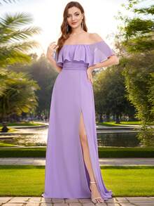 EVERPRETTY Elegant Off Shoulder Ruffle High Slit Bridesmaid Dress Wedding - Lilac Purple - View 7