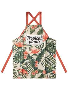 1 pieza Delantal extra largo impreso, tela tejida a cuadros, resistente al agua y al aceite, con estampado de plantas tropicales, delantal para el hogar, cocina, hornear y quehaceres domésticos - A - Ver 4