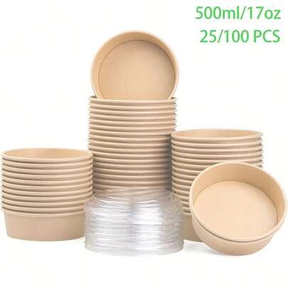17Oz/500Ml 25/100 Packs Kraft Paper Bowls With Lids, Disposable Meal Prep Containers Heavy Duty, Microwave Freezer, Disposable Soup Salad Ramen Serving Bowls Bulk, To Go Food Containers For Hot/Cold Food, Party Supplies For Christmas, Halloween