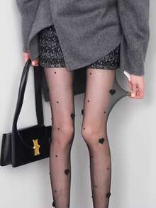 Quần tất nữ đính ngọc trai hình trái tim 3D, quần tất đen cá nhân hóa, quần skinny co giãn gợi cảm. - màu đen - Xem 4