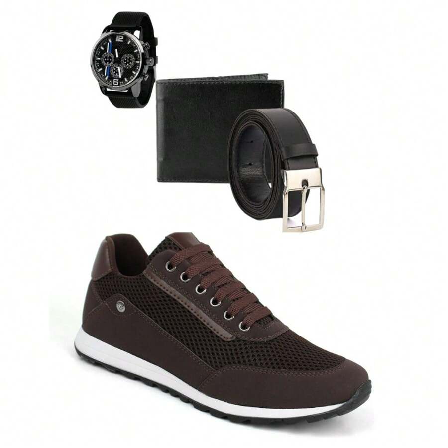 Men's Lightweight Comfortable Stretch Jogger Shoe Kit + Accessories: Watch, Wallet, And Belt - 咖啡棕 - 查看 1