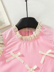 Đầm đi nghỉ mát màu hồng dễ thương ngọt ngào cho bé gái, cổ bèo nhún, nơ ruy băng 3D, viền lưới. - Hồng - Xem 5