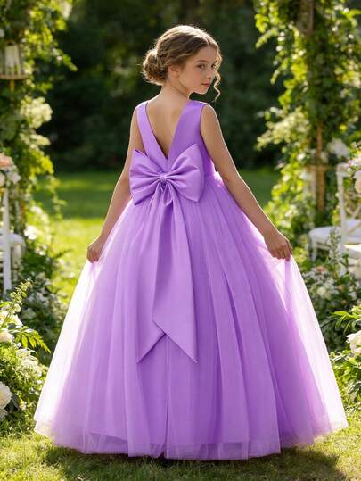 Tween Girl Bow V-Neck Graduation Party Purple Mesh Elegant Princess Dress, Suitable For Girls Birthday Party, Wedding Flower Girl, Bridesmaid, Prom Dress