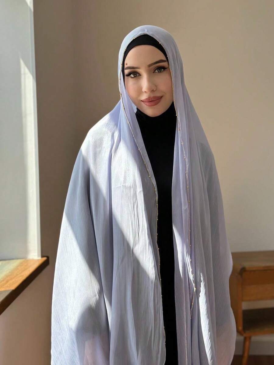 Khăn trùm đầu Hijab bằng vải organza bóng mượt, nhẹ, thoáng khí, trang trí chuỗi hạt cườm thanh lịch, phù hợp cho mặc hàng ngày, kín đáo, dự tiệc, đi biển và nghỉ lễ. - Nhiều màu - Xem 1