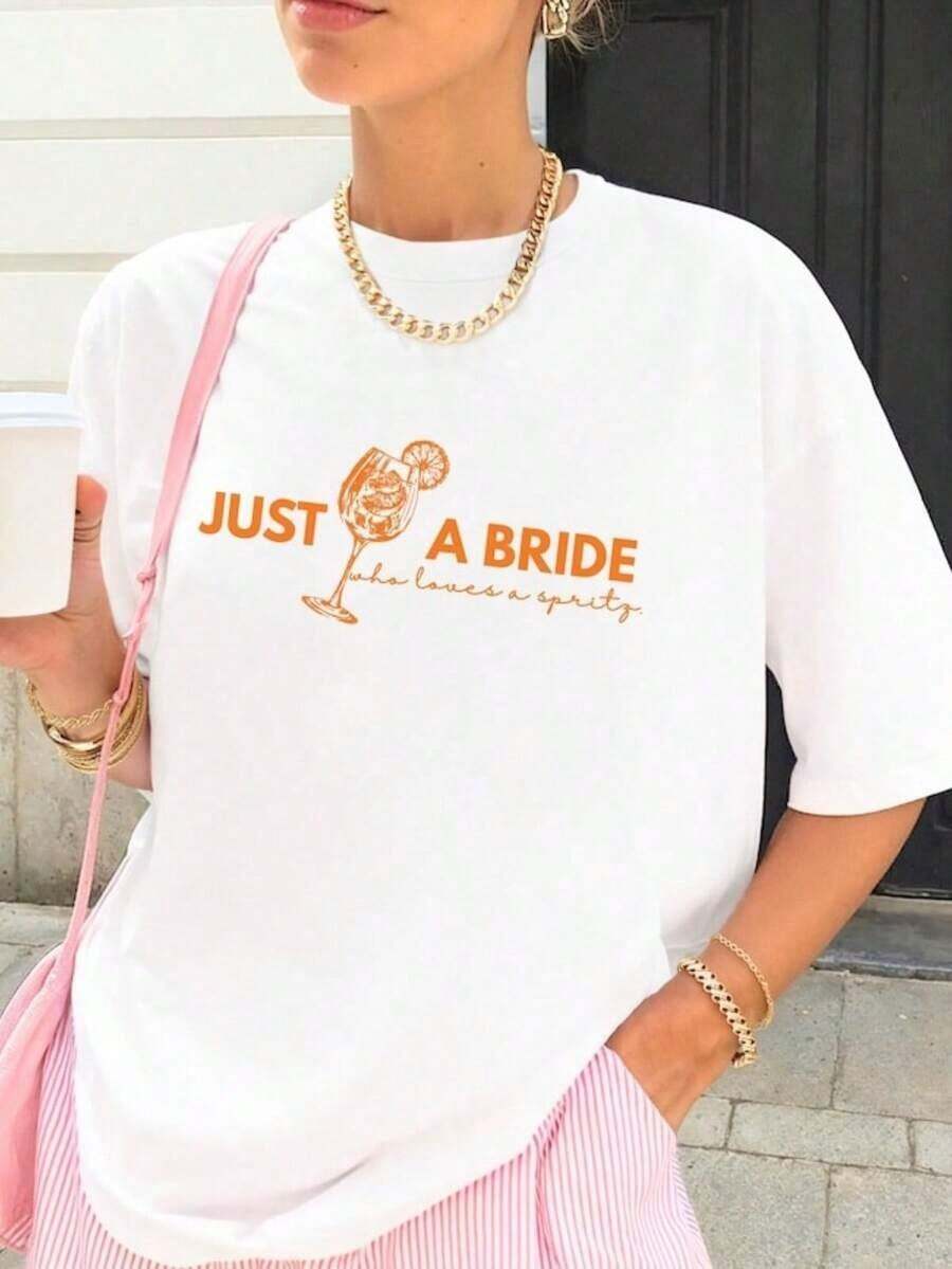 Custom 'Just A Bride Who Loves A Spritz' Shirt Elegant Bachelorette Party Tee Old Money Aesthetic Wedding Shower Gift Bride-To-Be, 100% Cotton Women's T-Shirts, Summer Outfits, Printed Casual Women's T-Shirt With Round Neck And Short Sleeves, Women's Shirts, 1 Piece Summer Clothing - 魏斯 - 查看 1