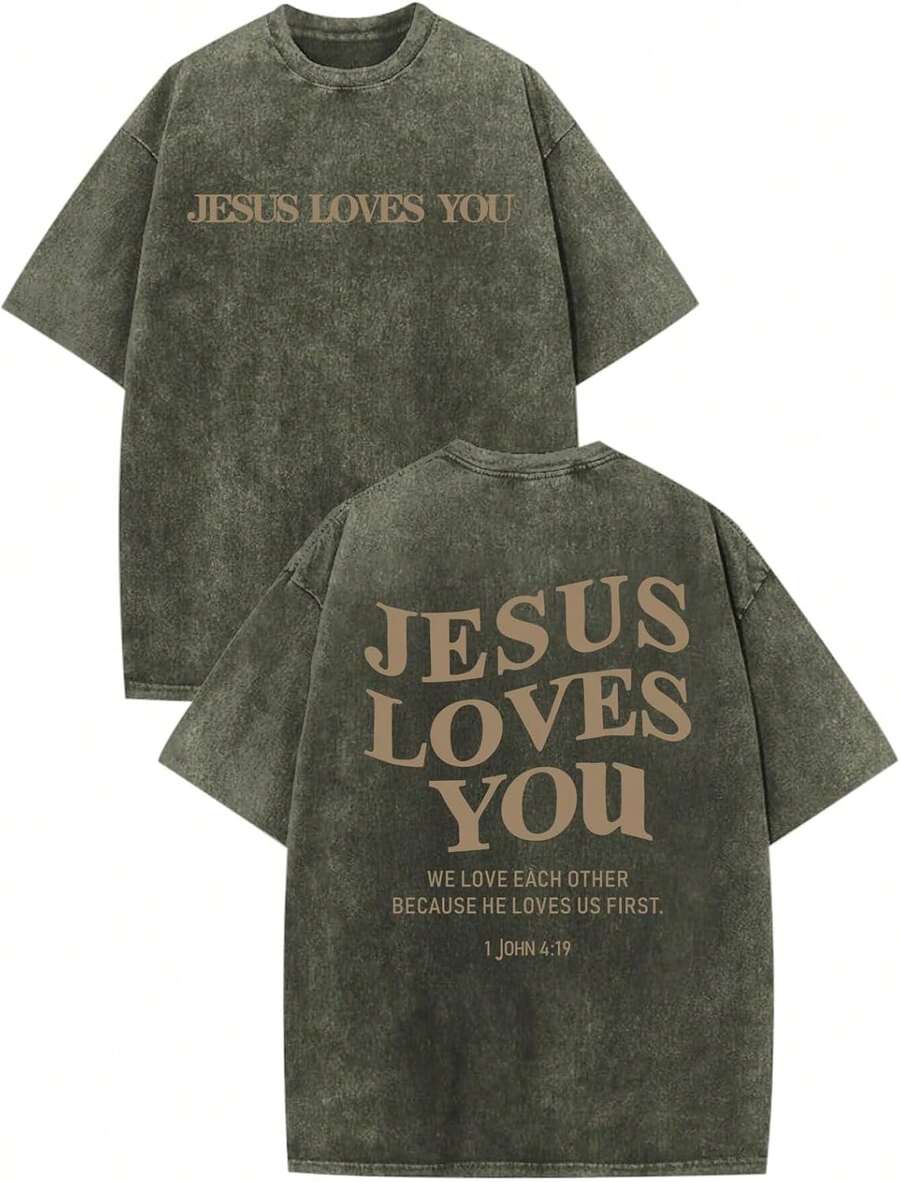[100% Cotton]  Christian Jesus Loves You Shirts For Men Religious Oversized  Jesus Faith Acid Wash T Shirt God Top Unisex Women's & Men's Campus Daily - 軍綠色 - 查看 1