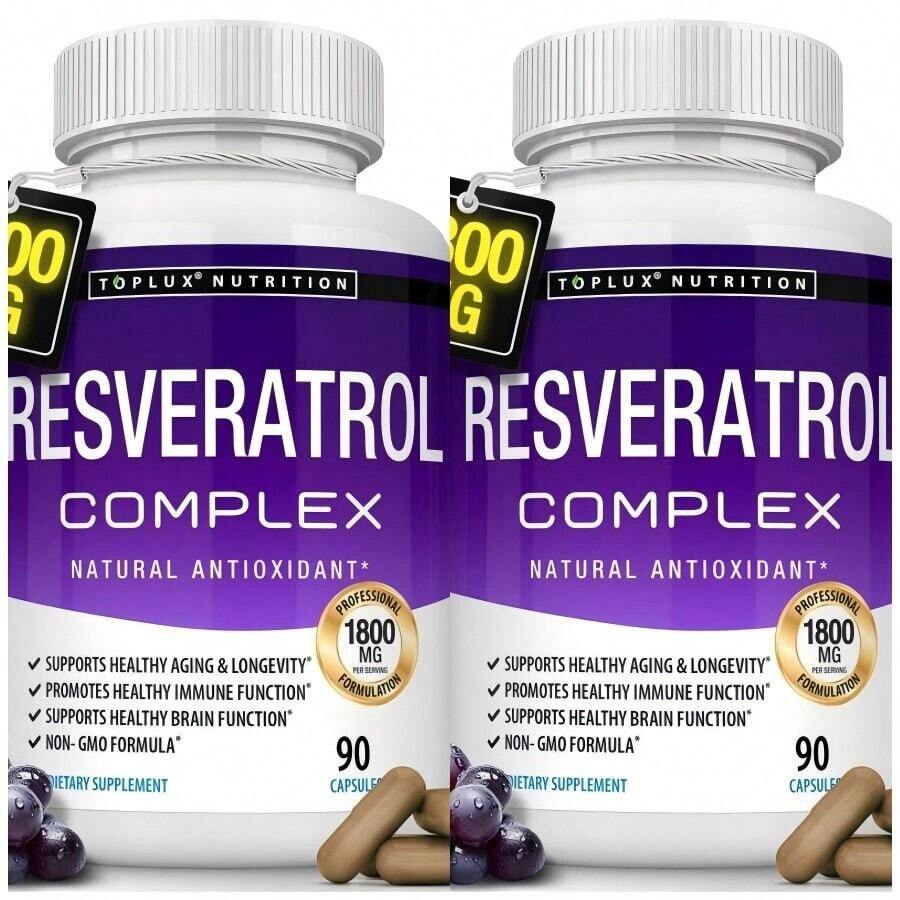 Resveratrol Supplement 1800 Mg Antioxidant Complex - Highly Potent Natural Trans-Resveratrol Pills For Healthy Aging, Overall Health Support, Immune System, Brain Function, For Men Women, 90 Capsules - 2PCS - 查看 1