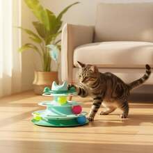 1 món đồ chơi xoay tương tác 3 tầng cho mèo, bóng đồ chơi đường ray cho mèo có lò xo và lông vũ, đồ chơi chống trượt cho mèo, đồ dùng cho mèo - Xem 1