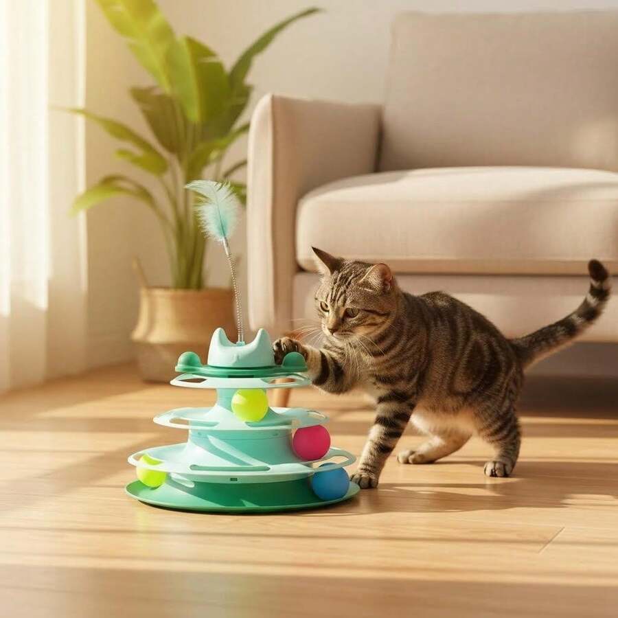 1 món đồ chơi xoay tương tác 3 tầng cho mèo, bóng đồ chơi đường ray cho mèo có lò xo và lông vũ, đồ chơi chống trượt cho mèo, đồ dùng cho mèo - Xem 1