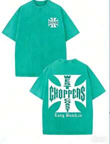 WEST COAST CHOPPERS Retro Streetwear T-Shirt - 230g Washed Cotton, Double-Sided Print, Loose-Fitting Drop-Shoulder Short-Sleeved T-Shirt With A California Long Beach Graphic. Perfect For Casual Summer Wear And As A Gift. High-Quality Fabric, Versatile Printed T-Shirt. - 湖綠色 - 查看 1