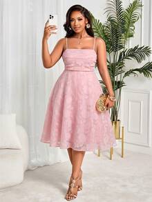 大码女士优雅A字中长连衣裙 - 花卉提花吊带系腰连衣裙，适合婚礼宾客、派对、宴会等场合，粉色夏季款 - 粉色 - 查看 1