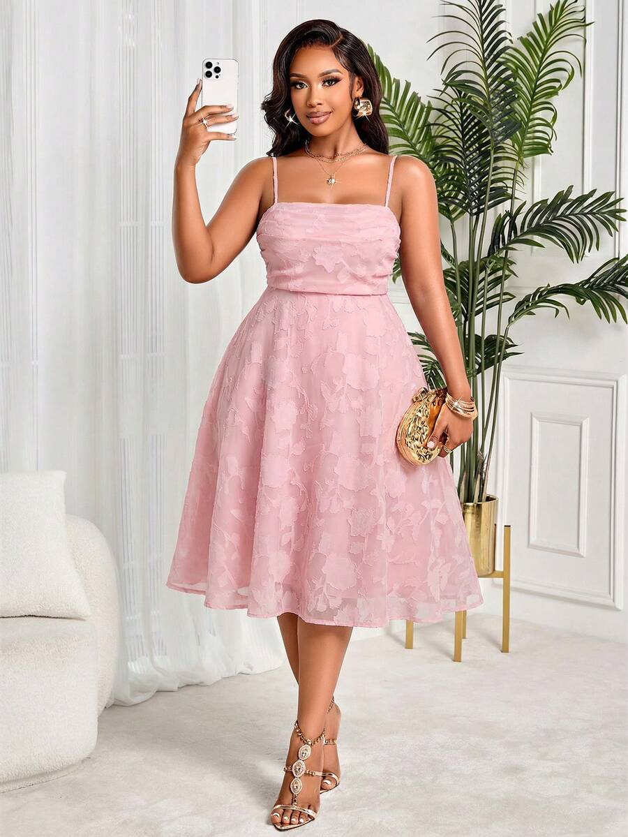 大码女士优雅A字中长连衣裙 - 花卉提花吊带系腰连衣裙，适合婚礼宾客、派对、宴会等场合，粉色夏季款 - 粉色 - 查看 1