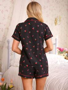 2pcs/Set Cherry Fruit Print Women's Summer Contrast Trim Lapel Button Short Sleeve Top And Bow Shorts Pajama Set, Suitable For Home Wear - Black - View 2