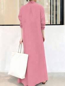 Vestido camisa largo de mujer casual de unicolor con botones delanteros para vacaciones, vestido camisa largo, negro casual, bajo acampanado con botones, manga larga, cuello, vestido camisa de manga larga minimalista con cuello vuelto, vestido suelto y relajado con botones delanteros, bajo acampanado y bolsillos, elegante rosa - Rosa - Ver 2
