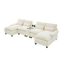 Modern Large 126.77" U-Shaped Chenille Cloud Sofa With 2 Recliners, Soft 4-Seat Modular Sectional Sofa Bed With Cushioned Pillows And Storage Table, Ergonomic Design, Durable Solid Wood Frame, Suitable For Living Room, Bedroom, Apartment(Beige) - Beige - View 11