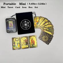 迷你可折叠黑金塔罗牌铁盒套装（包含迷你塔罗牌、铁盒、天鹅绒袋、英文指南） - 78张完整韦特-史密斯塔罗牌 - 防水防撕裂PET箔材质 - 适合初学者和专家，尺寸：2.24*3.43英寸（5.7厘米*8.7厘米），命运、占卜、神谕卡，圣诞节、万圣节、感恩节、礼物、未来命运、预言、礼物 - 彩色 - 查看 2