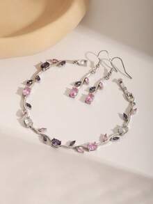 Bộ 3 món vòng tay và bông tai tennis đính đá Zirconia cao cấp, thiết kế hoa lá độc đáo với các màu hồng, xanh lá cây, xanh dương, trắng, xanh ngọc bích và nhiều màu sắc khác, phụ kiện thanh lịch dành cho nữ, món quà lý tưởng cho Ngày của Mẹ, Ngày Valentine, Giáng sinh, kỷ niệm hoặc bạn gái. - Vàng + Hồng - Xem 3