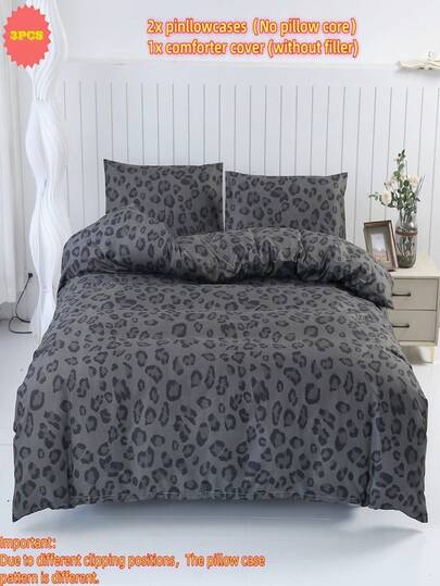 3 pièces Ensemble de literie à imprimé léopard tacheté, comprenant 1 housse de couette et 2 taies d'oreiller, doux et respirant, convient pour la chambre à coucher, la chambre d'amis, la location, l'hôtel, motel (sans rembourrage)