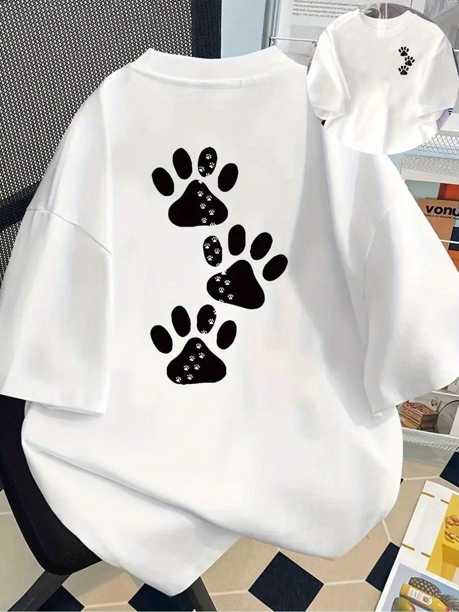 Comfortable Print. Front And Back Printed Short-Sleeve T-Shirt - Pet Paw Prints, Animal Footprints - Women's Spring/Summer  Printed T-Shirt, Your Best Choice! Simple And Casual Summer Top - White - View 1