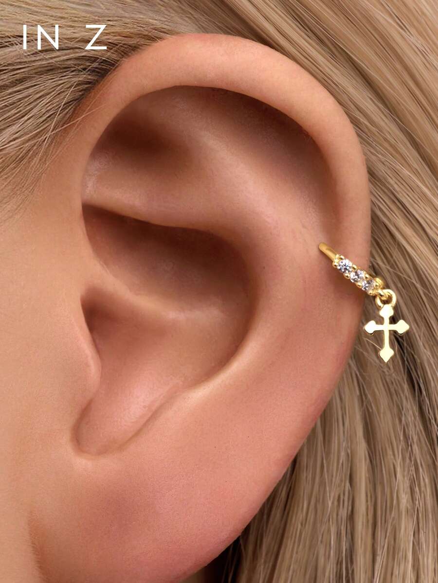 1pc Dainty 925 Sterling Silver CZ Pendant With A Cross Zirconia Set With Three-Diamond Huggie Hoop Earrings With Dangling Charm,Hypoallergenic Gold Earrings,For Women's Daily Wear - Three Diamonds + Cross - View 1