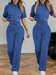 2 件套女士夏季休闲套装 - 纯色连帽短袖上衣和松紧腰口袋直筒裤 - 寶藍色 - 查看 3