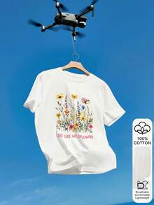 Blumen & "Live Like A Wild Flower" Muster Lässig Sommer Damen 100% Baumwolle Kurzarm Top, Grafik T-Shirt, weicher Stoff, Baumwolle Bekleidung, Outdoor Kleidung, bedrucktes Muster, Sommer T-Shirt, Urlaub, Reisestil, Strand-Vibe, minimalistische Resort-Kleidung Weiß - Weiss - Übersicht 4