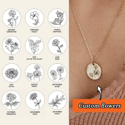1pc Custom Engraved December Birthday Flower Necklace, Personalized Jewelry, Custom Gold Round Plaque Necklace, Mother Necklace, Birthday Gift, Customized Gift, Mother's Day Gift For Mom, Women's Necklace, Jewelry For Women, Personalized Jewelry, Easter Gift