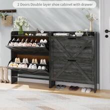 Platzsparender Schuhschrank für Flur – Schmaler, freistehender Schuh-Organizer mit 2 Klappfächern – Höhenverstellbare Einlegeböden, Holz & Metall, für 12–16 Paar Schuhe, 23,5 cm tief - Schwarz - Übersicht 6