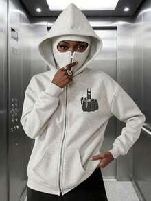 超大长款拉法帽，趣味印花，可遮住脸部和头部；女士拉链连帽衫，带口袋，内衬抓绒，适合秋冬春季穿着；适合度假/上学/居家/日常/街头/拍照等场合；简约/Y2K/休闲/学院风/街头风/办公风/可爱/性感风格；女士秋冬/圣诞节/新年穿搭；外套；时尚俏皮 - 淺灰色 - 查看 2