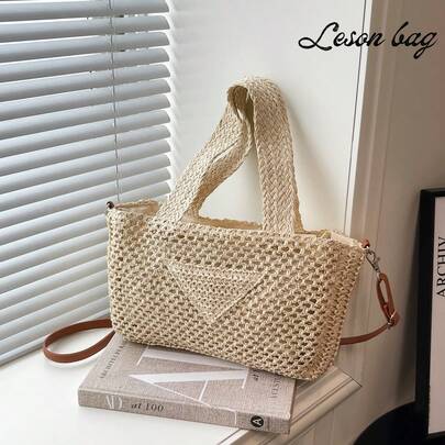 Women's Beige Woven Straw Tote Bag: Dual-Use Handbag & Crossbody With Braided Texture, Adjustable Leather Strap For Casual Cafe Runs, Weekend Brunch, Summer Outings & Daily Errands-Breathable Purse For Fashionable Women Who Prefer Minimalist Bohemian Style