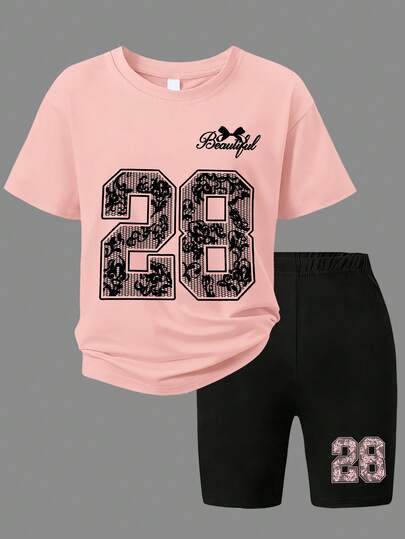 Bộ 2 món gồm áo thun và quần short in chữ "28" ngộ nghĩnh dành cho nữ tuổi teen, trang phục mùa hè mới cho các bạn nữ.