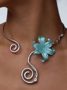 1件创意时尚气质鸢尾花女士项链，饰以缠绕花朵，优雅时尚的几何螺旋设计，可调节长度，适合派对、宴会和海滩度假等场合。 - 銀色 - 查看 1