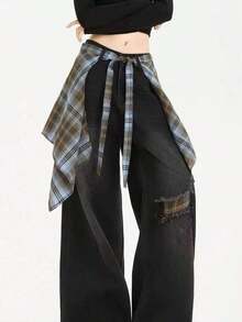 New Plaid One-Piece Waist Skirt With Decorative Drawstring, Unisex High Waist Tie-Up Versatile Skirt With Ruffle Hem Design, Suitable For Matching Family Outfits, Autumn/Winter - 橘色咖啡網格 - 查看 4
