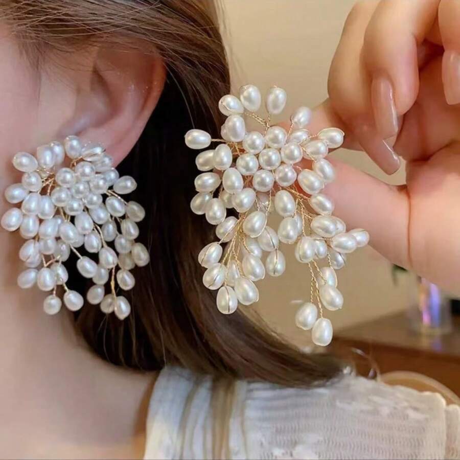 一对仿珍珠瀑布耳环，适合日常佩戴 - 彩色 - 查看 1