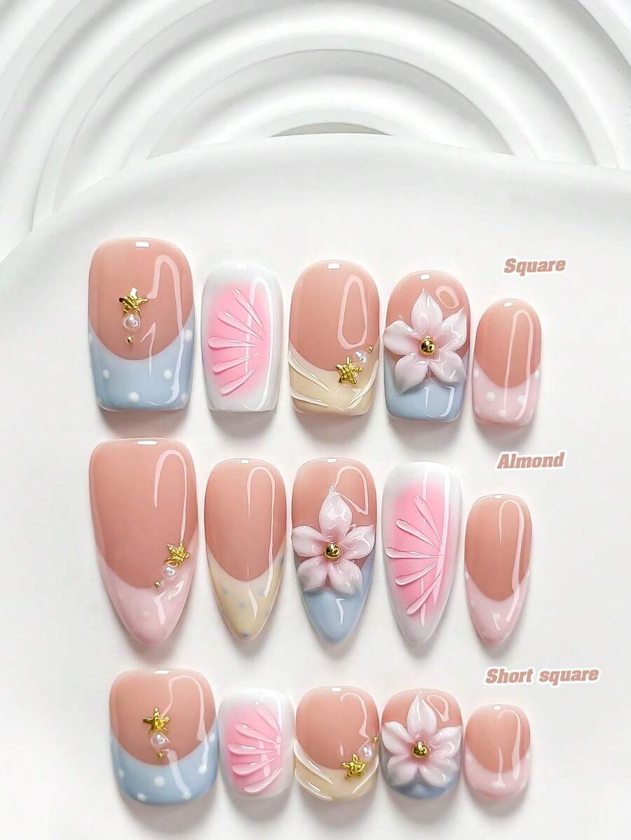 10pcs Elegant Handmade Nail Art Set, Including Gel Nail Kit, Rhinestone Cross, Carved Floral Edges, Small White Faux Pearls, Pink Flower Nail Decors, Pink Nail Polish, With Nail Tools (1 Jelly Sticker + 1 Nail File). Available In 3 Sizes: Square, Short Square, Almond. Suitable For Parties, Daily Wear, Photoshoots, Dates, Commuting In Spring/Summer Press On Nails - 彩色 - 查看 1