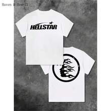 100%Cotton Double-Sided Printed Hell Star Pattern T-Shirt, High-Quality Printed T-Shirt, Men's Round Neck Short-Sleeved Top, Casual T-Shirt Spring And Summer Clothing Graphic Tees Retro Washed Cotton Quick-Dry Moisture-Wicking Crew Rifle Funny Men Sleevesummer Outfits For Women - 黑色 - 查看 2