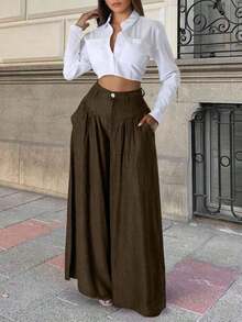 2026 New Spring/Summer Women's Solid Color Casual Elegant Back-To-School, Date, Pleated Wide Leg Pants, Suitable For Valentine's Day, Chinese New Year, Women's Pants, Wide Leg Pants, Women's Trousers, Women's Office Attire, Spring Wear, Office Wear, Elegant Women's , Holiday Women's Attire, Club Wear, Women's Springs, Women's Holiday Wear, Summer Vacation Wear, Women's Birthday - 棕色 - 查看 3