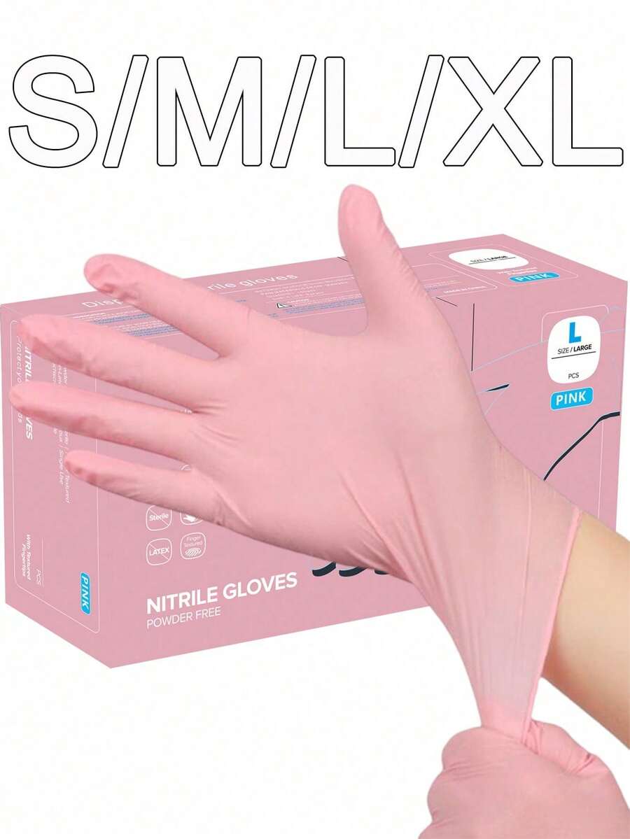 100pcs/Set Disposable Pink Powder-Free Latex-Free Waterproof Oil-Resistant Nitrile Rubber Gloves, 10pcs Free Gift, Suitable For Dishwashing, Laundry, Food Processing, Bathroom Cleaning, Manicure, Dyeing, Laboratory, Safety And Work, PVC Material, No Ironing Required, Hand Wash Recommended - S-100PCS - View 1